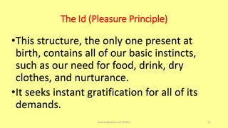 The Id (Pleasure Principle)
•This structure, the only one present at
birth, contains all of our basic instincts,
such as our need for food, drink, dry
clothes, and nurturance.
•It seeks instant gratification for all of its
demands.
asareor@yahoo.com ©2022 55
 