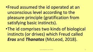•Freud assumed the id operated at an
unconscious level according to the
pleasure principle (gratification from
satisfying basic instincts).
•The id comprises two kinds of biological
instincts (or drives) which Freud called
Eros and Thanatos (McLeod, 2018).
asareor@yahoo.com ©2022 57
 