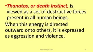 •Thanatos, or death instinct, is
viewed as a set of destructive forces
present in all human beings.
When this energy is directed
outward onto others, it is expressed
as aggression and violence.
asareor@gmail.com ©2022 59
 