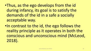 •Thus, as the ego develops from the id
during infancy, its goal is to satisfy the
demands of the id in a safe a socially
acceptable way.
•In contrast to the id, the ego follows the
reality principle as it operates in both the
conscious and unconscious mind (McLeod,
2018).
asareor@yahoo.com ©2022 64
 