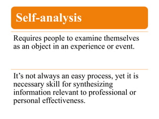 Self-analysis
Requires people to examine themselves
as an object in an experience or event.
It’s not always an easy process, yet it is
necessary skill for synthesizing
information relevant to professional or
personal effectiveness.
 