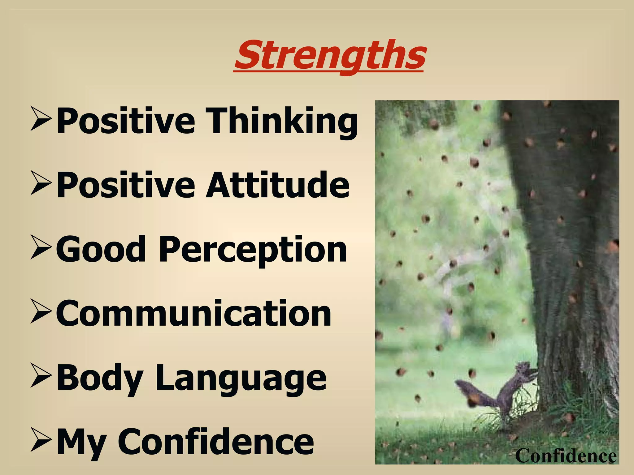 Strengths Positive Thinking Positive Attitude Good Perception Communication Body Language My Confidence Confidence 