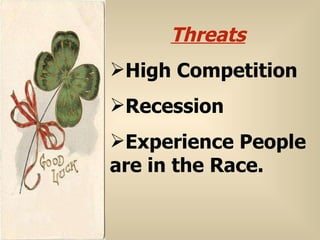 <ul><li>Threats </li></ul><ul><li>High Competition </li></ul><ul><li>Recession </li></ul><ul><li>Experience People are in ...
