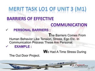 
                               The Barriers Comes From
    Human Behavior Like Tension, Stress, Ego Etc. In
    Communication Process These Are Personal.


                            We Had A Time Stress During
    The Out Door Project.
 