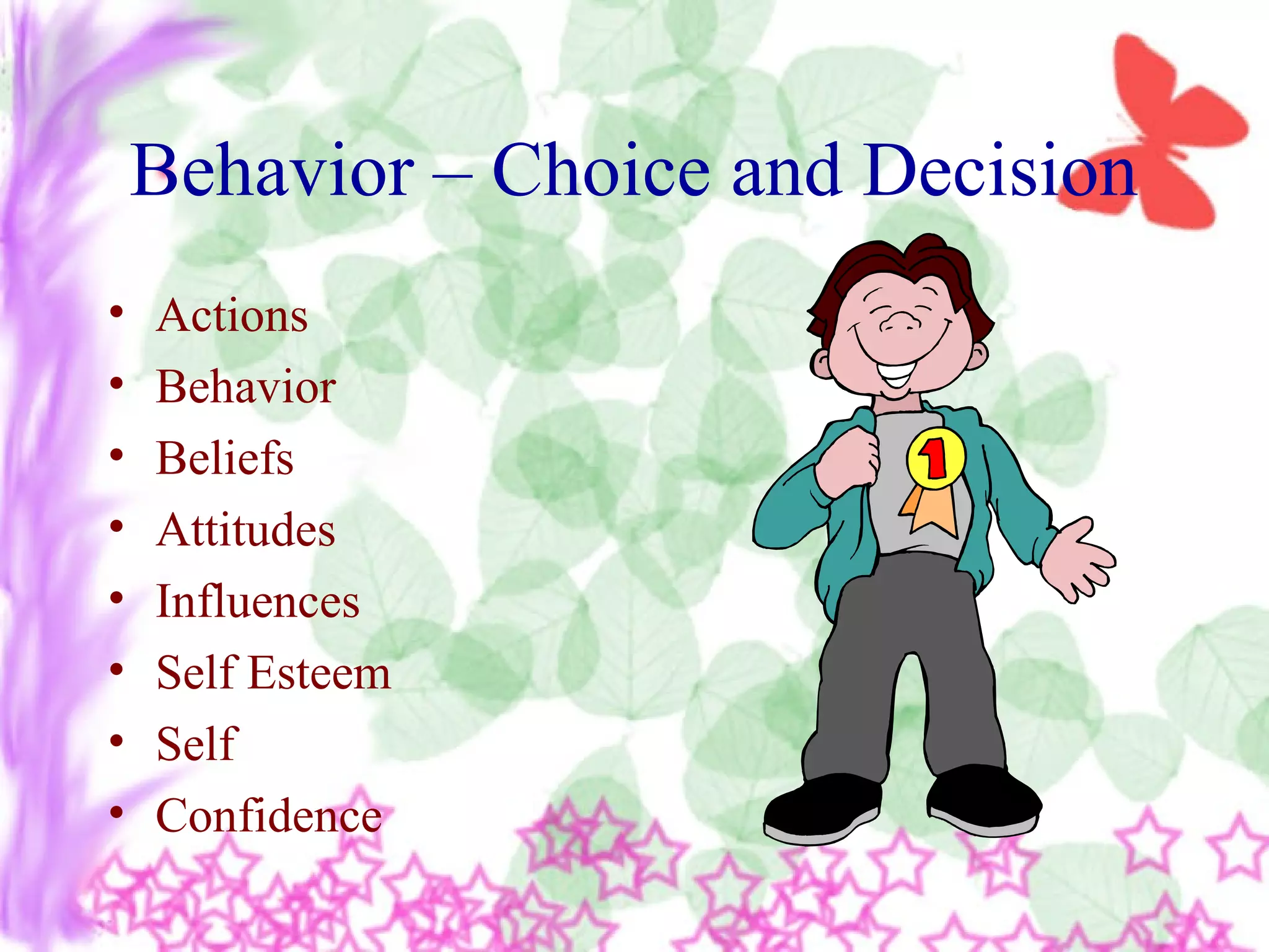 Behavior – Choice and Decision
• Actions
• Behavior
• Beliefs
• Attitudes
• Influences
• Self Esteem
• Self
• Confidence
 