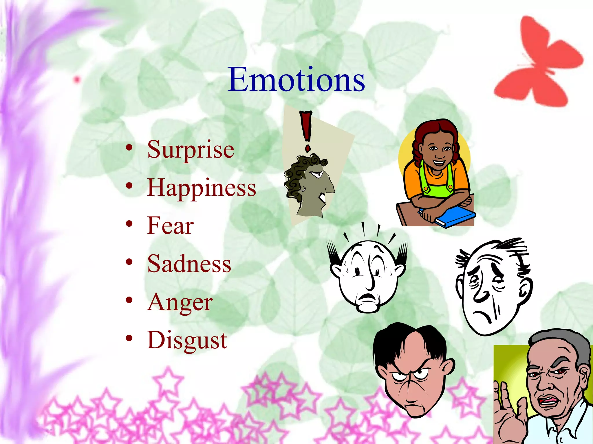 Emotions
• Surprise
• Happiness
• Fear
• Sadness
• Anger
• Disgust
 