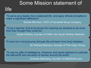 Some Mission statement of
life
“To serve as a leader, live a balanced life, and apply ethical principles to
make a significant difference”.
Denise Morrison, CEO of Campbell Soup Company
“To be a teacher. And to be known for inspiring my students to be more
than they thought they could be.”
Oprah Winfrey, founder of OWN, the Oprah Winfrey Network
To have fun in [my] journey through life and learn from [my] mistakes.
Sir Richard Branson, founder of The Virgin Group
“To use my gifts of intelligence, charisma, and serial optimism to cultivate
the self-worth and net-worth of women around the world”.
Amanda Steinberg, founder of DailyWorth.com
“
“
 