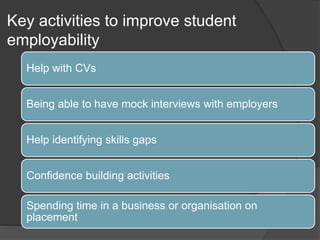 Key activities to improve student
employability
Help with CVs
Being able to have mock interviews with employers
Help identifying skills gaps
Confidence building activities
Spending time in a business or organisation on
placement
 