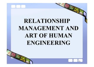 RELATIONSHIP
MANAGEMENT AND
 ART OF HUMAN
  ENGINEERING

                 21
 