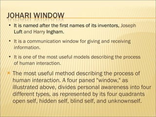 The most useful method describing the process of human interaction. A four paned "window," as illustrated above, divides personal awareness into four different types, as represented by its four quadrants open self, hidden self, blind self, and unknownself.  It is named after the first names of its inventors,  Jo seph   Luft   and   Harry   Ingham.  It is a communication window for giving and receiving information. It is one of the most useful models describing the process of human interaction.  