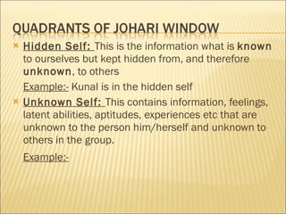 Hidden Self:  This is the information what is  known  to ourselves but kept hidden from, and therefore  unknown , to others Example:-  Kunal is in the hidden self Unknown Self:  This contains information, feelings, latent abilities, aptitudes, experiences etc that are unknown to the person him/herself and unknown to others in the group. Example:-   