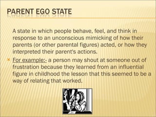 A state in which people behave, feel, and think in response to an unconscious mimicking of how their parents (or other parental figures) acted, or how they interpreted their parent's actions.  For example:-  a person may shout at someone out of frustration because they learned from an influential figure in childhood the lesson that this seemed to be a way of relating that worked.  