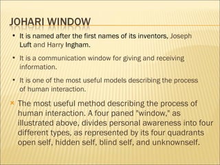 <ul><li>The most useful method describing the process of human interaction. A four paned &quot;window,&quot; as illustrate...