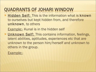 <ul><li>Hidden Self:  This is the information what is  known  to ourselves but kept hidden from, and therefore  unknown , ...