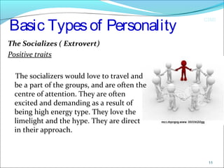 CIMI
Basic Typesof Personality
The Socializes ( Extrovert)
Positive traits
The socializers would love to travel and
be a part of the groups, and are often the
centre of attention. They are often
excited and demanding as a result of
being high energy type. They love the
limelight and the hype. They are direct
in their approach.
11
 