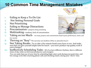 CIMI
1. Failing to Keep a To-Do List
2. Not Setting Personal Goals
3. Not Prioritizing
4. Failing to Manage Distractions
5. Procrastination- postpone doing something
6. Multitasking- tendency lack of concentration
7. Taking on too Much- too many projects and commitments (lead to poor performance, stress, and
low morale.
8. Thriving on "Busy“-The narrowly-met deadlines (What an adrenaline buzz!)
9. Not Taking Breaks- Try to take a five minute break every hour or two. And make
sure that you give yourself ample time for lunch – you won't produce top quality work if
you're hungry!
10. Ineffectively Scheduling Tasks- All of us have different rhythms, that is, different
times of day when we feel most productive and energetic.
You can make best use of your time by scheduling high-value work during your peak time, and
low-energy work (like returning phone calls and checking email), during your "down" time.
42
10 Common Time Management Mistakes
 