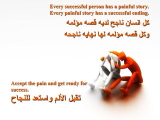 Every successful person has a painful story. Every painful story has a successful ending. كل انسان ناجح لديه قصه مؤلمه وكل قصه مؤلمه لها نهايه ناجحه Accept the pain and get ready for success. تقبل الألم واستعد للنجاح 