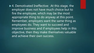  4. Demotivated Ineffective: At this stage, the
employer does not have much choice but to
fire the employee, which may be the most
appropriate thing to do anyway at this point.
Remember, employers want the same thing as
employees do. They want to succeed and
improve business and if employees help in this
objective, then they make themselves valuable
and achieve their own success.
 