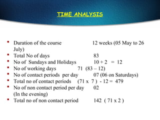 TIME ANALYSIS
 Duration of the course 12 weeks (05 May to 26
July)
 Total No of days 83
 No of Sundays and Holidays 10 + 2 = 12
 No of working days 71 (83 – 12)
 No of contact periods per day 07 (06 on Saturdays)
 Total no of contact periods (71 x 7 ) - 12 = 479
 No of non contact period per day 02
(In the evening)
 Total no of non contact period 142 ( 71 x 2 )
 