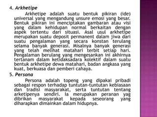 4. Arkhetipe
Arkhetipe adalah suatu bentuk pikiran (ide)
universal yang mengandung unsure emosi yang besar.
Bentuk pikiran ini menciptakan gambaran atau visi
yang dalam kehidupan normal berkaitan dengan
aspek tertentu dari situasi. Asal usul arkhetipe
merupakan suatu deposit permanent dalam jiwa dari
suatu pengalaman yang secara konstan terulang
selama banyak generasi. Misalnya banyak generasi
yang telah melihat matahari terbit setiap hari.
Pengalaman berulang yang mengesankan ini akhirnya
tertanam dalam ketidaksadara kolektif dalam suatu
bentuk arkhetipe dewa matahari, badan angkasa yang
kuat, berkuasa dan pemberi cahaya.
5. Persona
Persona adalah topeng yang dipakai pribadi
sebagai respon terhadap tuntutan-tuntutan kebiasaan
dan tradisi masyarakat, serta tuntutan tentang
arketipenya sendiri. Ia merupakan peranan yag
dibrikan masyarakat kepada seseorang yang
diharapkan dimainkan dalam hidupnya.
 