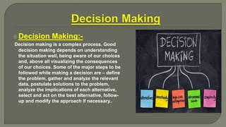 Decision Making:-
Decision making is a complex process. Good
decision making depends on understanding
the situation well, being aware of our choices
and, above all visualizing the consequences
of our choices. Some of the major steps to be
followed while making a decision are – define
the problem, gather and analyze the relevant
data, postulate solutions to the problem,
analyze the implications of each alternative,
select and act on the best alternative, follow-
up and modify the approach if necessary..
 