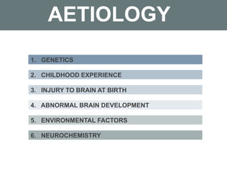 AETIOLOGY
1. GENETICS
2. CHILDHOOD EXPERIENCE
3. INJURY TO BRAIN AT BIRTH
4. ABNORMAL BRAIN DEVELOPMENT
5. ENVIRONMENTAL FACTORS
6. NEUROCHEMISTRY
 