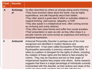 Clust
er
Disorder
A Schizotyp
al
•is often described by others as strange acting and/or thinking.
•They have eccentric ideas about the world, may be highly
superstitious, and talk frequently about their beliefs.
•They often spend a great deal of effort on activities related to
magical thinking, clairvoyance, telepathy, or ESP.
•They also speak in a metaphorical tone, often coming across
as confusing and overly abstract.
•They often lack close friends and suffer from social anxieties.
•Their presentation is seen as odd, as they often dress in a
peculiar manner and come across as suspicious and lacking in
emotional expression.
B Antisocial Antisocial Personality Disorder is perhaps one of the most
recognized and identified in modern literature and
entertainment. It has been called Sociopathic Personality and
Psychopathic personality in previous versions of the DSM. It
refers to a pattern of disregard for the rights of others, including
the violation of these rights and the failure to feel empathy for
victims. They may be impulsive and act on their anger of
misperceived injustice they project onto others. Some research
suggests that there is a large percentage of individuals currently
incarcerated with this disorder, as their actions and views of the
 