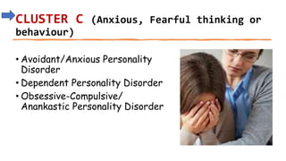Suresh Babu G
CLUSTER C (Anxious, Fearful thinking or
behaviour)
• Avoidant/Anxious Personality
Disorder
• Dependent Personality Disorder
• Obsessive-Compulsive/
Anankastic Personality Disorder
 