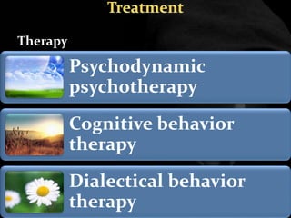 Therapy
Psychodynamic
psychotherapy
Cognitive behavior
therapy
Dialectical behavior
therapy
 