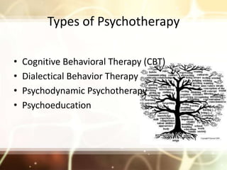 Types of Psychotherapy <br />Cognitive Behavioral Therapy (CBT)<br />Dialectical Behavior Therapy <br />Psychodynamic Psyc...