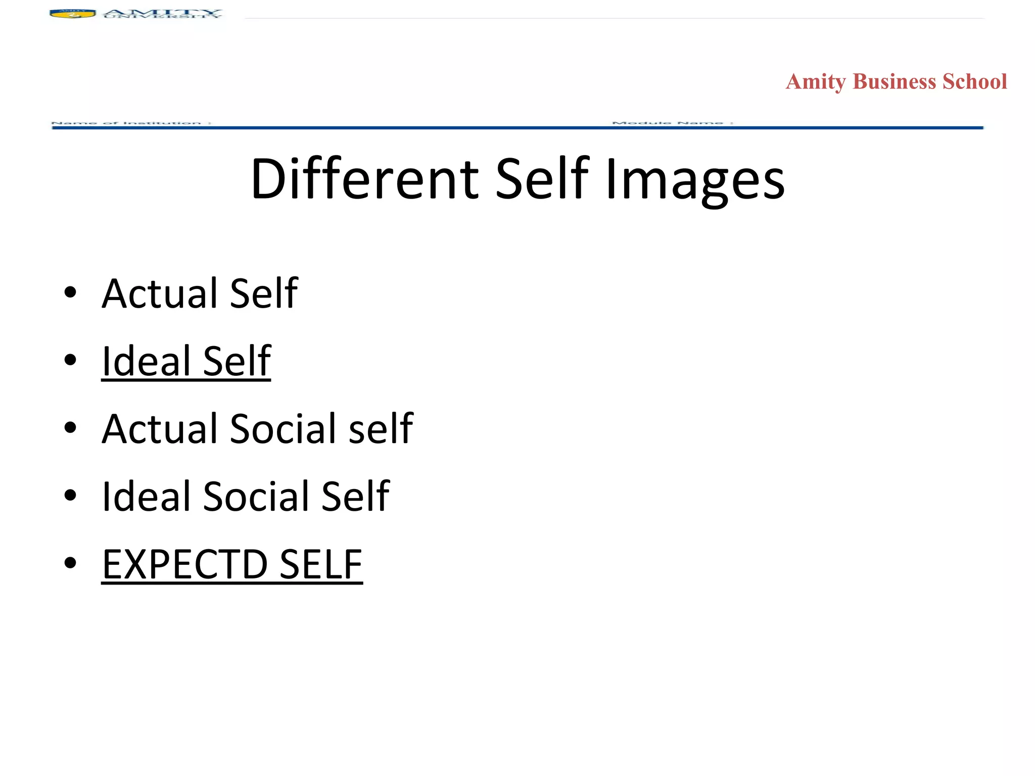 Different Self Images Actual Self Ideal Self Actual Social self Ideal Social Self EXPECTD SELF 