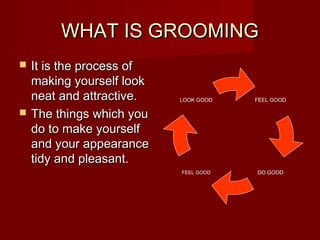 WHAT IS GROOMING
   It is the process of
    making yourself look
    neat and attractive.   LOOK GOOD   FEEL GOOD

   T...