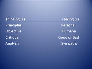 Thinking (T)    Feeling (F)
Principles      Personal
Objective       Humane
Critique       Good or Bad
Analysis        Sympathy
 