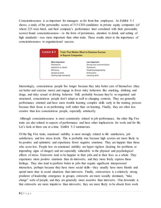 9 | P a g e
Conscientiousness is as important for managers as for front-line employees. As Exhibit 5-1
shows, a study of the personality scores of 313 CEO candidates in private equity companies (of
whom 225 were hired, and their company’s performance later correlated with their personality
scores) found conscientiousness—in the form of persistence, attention to detail, and setting of
high standards—was more important than other traits. These results attest to the importance of
conscientiousness to organizational success.
Interestingly, conscientious people live longer because they take better care of themselves (they
eat better and exercise more) and engage in fewer risky behaviors like smoking, drinking and
drugs, and risky sexual or driving behavior. Still, probably because they’re so organized and
structured, conscientious people don’t adapt as well to changing contexts. They are generally
performance oriented and have more trouble learning complex skills early in the training process
because their focus is on performing well rather than on learning. Finally, they are often less
creative than less conscientious people, especially artistically.
Although conscientiousness is most consistently related to job performance, the other Big Five
traits are also related to aspects of performance and have other implications for work and for life.
Let’s look at them one at a time. Exhibit 5-2 summarizes.
Of the Big Five traits, emotional stability is most strongly related to life satisfaction, job
satisfaction, and low stress levels. This is probably true because high scorers are more likely to
be positive and optimistic and experience fewer negative emotions. They are happier than those
who score low. People low on emotional stability are hyper-vigilant (looking for problems or
impending signs of danger) and are especially vulnerable to the physical and psychological
effects of stress. Extraverts tend to be happier in their jobs and in their lives as a whole. They
experience more positive emotions than do introverts, and they more freely express these
feelings. They also tend to perform better in jobs that require significant interpersonal
interaction, perhaps because they have more social skills—they usually have more friends and
spend more time in social situations than introverts. Finally, extraversion is a relatively strong
predictor of leadership emergence in groups; extraverts are more socially dominant, “take
charge” sorts of people, and they are generally more assertive than introverts. One downside is
that extraverts are more impulsive than introverts; they are more likely to be absent from work
 