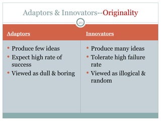 Adaptors Innovators Produce few ideas Expect high rate of success Viewed as dull & boring Produce many ideas Tolerate high failure rate Viewed as illogical & random Adaptors & Innovators-- Originality 