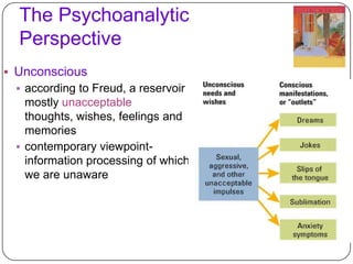 The Psychoanalytic
Perspective
 Unconscious
 according to Freud, a reservoir of

mostly unacceptable
thoughts, wishes, feelings and
memories
 contemporary viewpointinformation processing of which
we are unaware

 