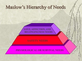 Maslow’s Hierarchy of Needs
PHYSIOLOGICAL OR SURVIVAL NEEDS
SAFETY NEEDS
LOVE, AFFECTION, AND
BELONGINGNESS NEEDS
 