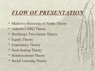 FLOW OF PRESENTATION
 Maslow's Hierarchy of Needs Theory
 Alderfer's ERG Theory
 Herzberg's Two-Factor Theory
 Equity Theory
 Expectancy Theory
 Goal-Setting Theory
 Reinforcement Theory
 Social Learning Theory
 