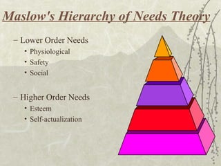 Maslow's Hierarchy of Needs Theory
– Lower Order Needs
• Physiological
• Safety
• Social
– Higher Order Needs
• Esteem
• Self-actualization
 