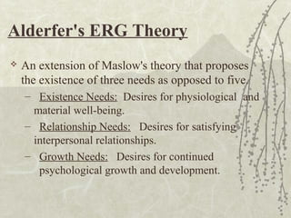 Alderfer's ERG Theory
 An extension of Maslow's theory that proposes
the existence of three needs as opposed to five.
– Existence Needs: Desires for physiological and
material well-being.
– Relationship Needs: Desires for satisfying
interpersonal relationships.
– Growth Needs: Desires for continued
psychological growth and development.
 
