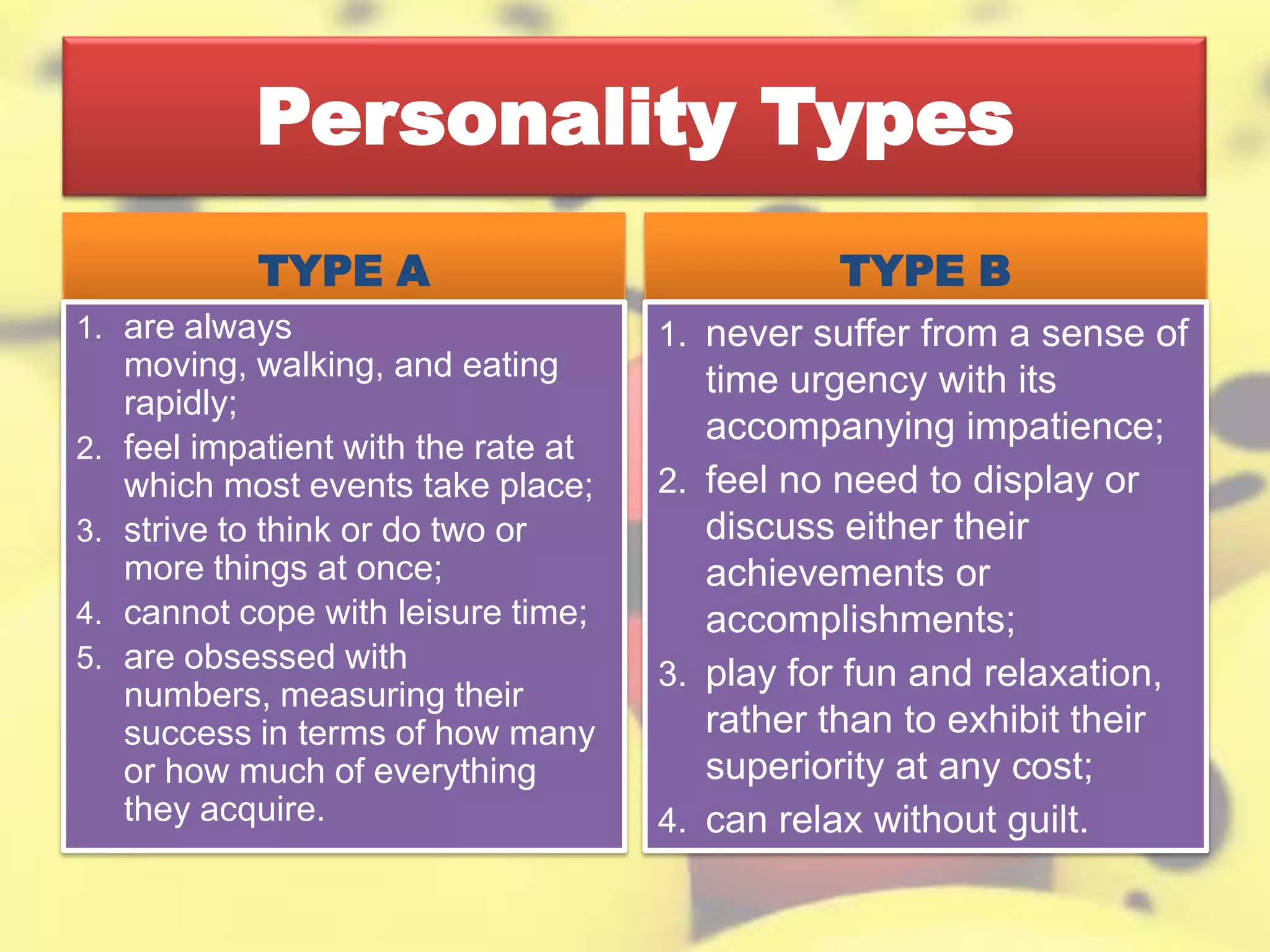 Personality Types
TYPE A
1. are always
moving, walking, and eating
rapidly;
2. feel impatient with the rate at
which most events take place;
3. strive to think or do two or
more things at once;
4. cannot cope with leisure time;
5. are obsessed with
numbers, measuring their
success in terms of how many
or how much of everything
they acquire.
TYPE B
1. never suffer from a sense of
time urgency with its
accompanying impatience;
2. feel no need to display or
discuss either their
achievements or
accomplishments;
3. play for fun and relaxation,
rather than to exhibit their
superiority at any cost;
4. can relax without guilt.
 