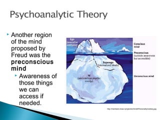 http://members.shaw.ca/rgtonks/IntroB/Personality/iceberg.jpg
 Another region
of the mind
proposed by
Freud was the
preconscious
mind
 Awareness of
those things
we can
access if
needed.
 