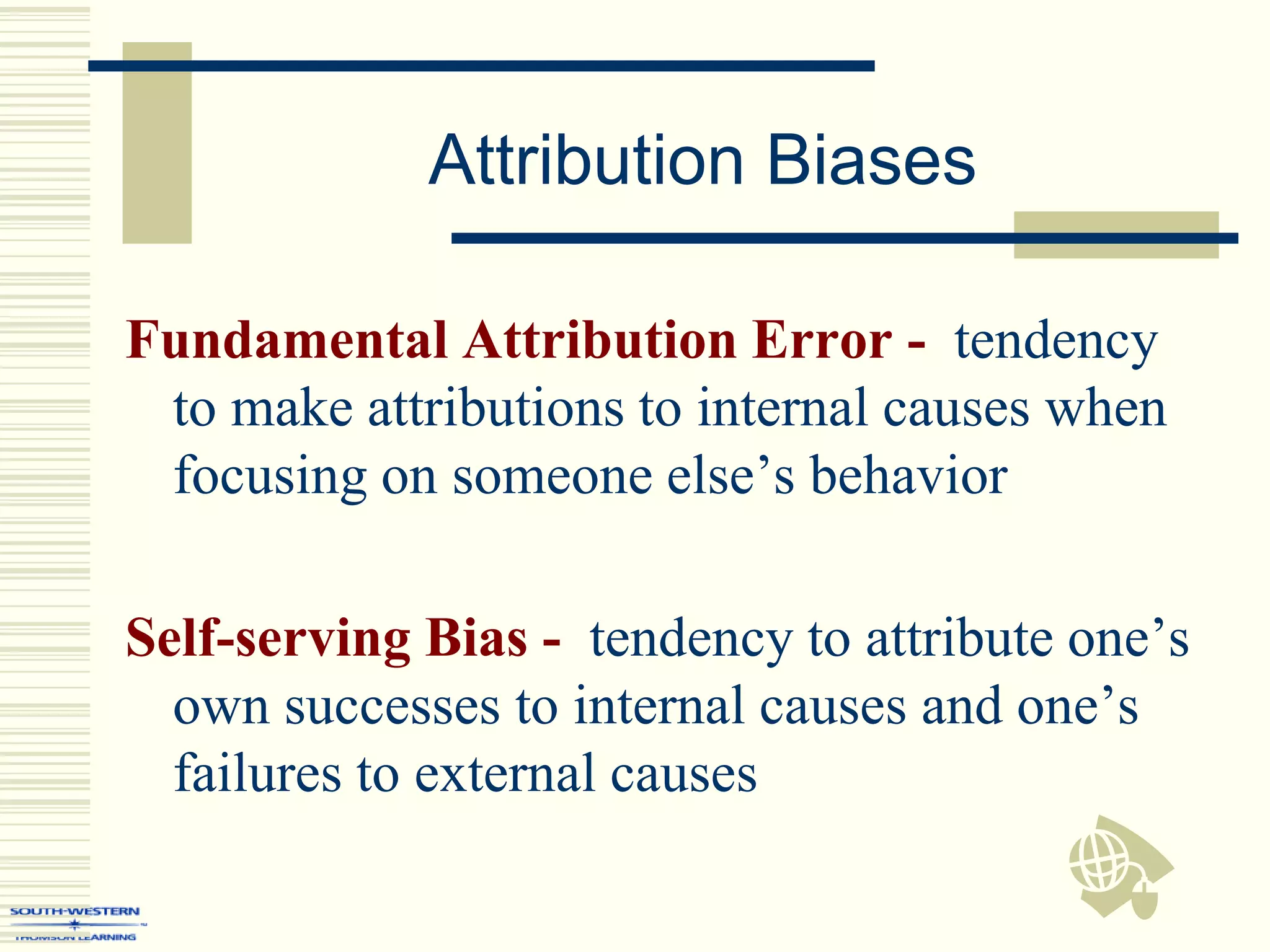 Attribution Biases
Fundamental Attribution Error - tendency
to make attributions to internal causes when
focusing on someone else’s behavior
Self-serving Bias - tendency to attribute one’s
own successes to internal causes and one’s
failures to external causes
 