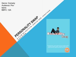 Genre: Comedy
Audience: Pre-
teens
BBFC: 12A
‘Personality Swap’- A film by Kaitlyn Jarvis and Jonathan Foulston.
Directed by Jonathan Foulston / Produced by Kaitlyn Jarvis /
Starring: Zac Efron, Michael Cera, Black Lively & Jim Parsons
 
