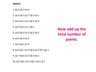 POINTS:

1. (a) 2 (b) 4 (c) 6

2. (a) 6 (b) 4 (c) 7 (d) 2 (e) 1

3. (a) 4 (b) 2 (c) 5 (d) 7 (e) 6

4. (a) 4 (b) 6 (c) 2 (d) 1
                                               Now add up the
5. (a) 6 (b) 4 (c) 3 (d) 5 (e) 2
                                               total number of
6. (a) 6 (b) 4 (c) 2
                                                    points.
7. (a) 6 (b) 2 (c) 4

8. (a) 6 (b) 7 (c) 5 (d) 4 (e) 3 (f) 2 (g) 1

9. (a) 7 (b) 6 (c) 4 (d) 2 (e) 1

10. (a) 4 (b) 2 (c) 3 (d) 5 (e) 6 (f) 1
 