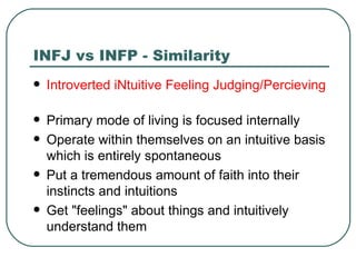 INFJ vs INFP - Similarity Introverted iNtuitive Feeling Judging/Percieving   Primary mode of living is focused internally  Operate within themselves on an intuitive basis which is entirely spontaneous  Put a tremendous amount of faith into their instincts and intuitions  Get "feelings" about things and intuitively understand them  