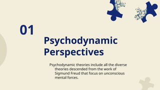 Psychodynamic
Perspectives
01
Psychodynamic theories include all the diverse
theories descended from the work of
Sigmund Freud that focus on unconscious
mental forces.
 