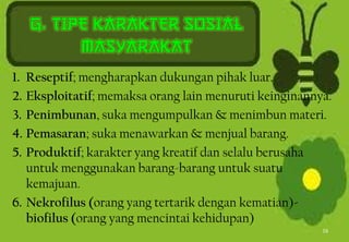 1. Reseptif; mengharapkan dukungan pihak luar.
2. Eksploitatif; memaksa orang lain menuruti keinginannya.
3. Penimbunan, suka mengumpulkan & menimbun materi.
4. Pemasaran; suka menawarkan & menjual barang.
5. Produktif; karakter yang kreatif dan selalu berusaha
untuk menggunakan barang-barang untuk suatu
kemajuan.
6. Nekrofilus (orang yang tertarik dengan kematian)-
biofilus (orang yang mencintai kehidupan)
16
 