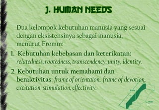 J. Human Needs
Dua kelompok kebutuhan manusia yang sesuai
dengan eksistensinya sebagai manusia,
menurut Fromm:
1. Kebutuhan kebebasan dan keterikatan:
relatedness,rootedness, transcendency, unity, identity.
2. Kebutuhan untuk memahami dan
beraktivitas: frame of orientaion, frame of devotion,
excitation-stimulation, effectivity.
23
 
