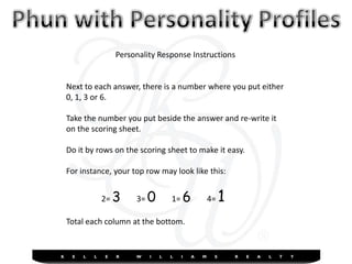 Personality Response Instructions Next to each answer, there is a number where you put either 0, 1, 3 or 6.   Take the number you put beside the answer and re-write it on the scoring sheet. Do it by rows on the scoring sheet to make it easy. For instance, your top row may look like this: 	2= 3	3= 0	1= 6	4= 1 Total each column at the bottom. 